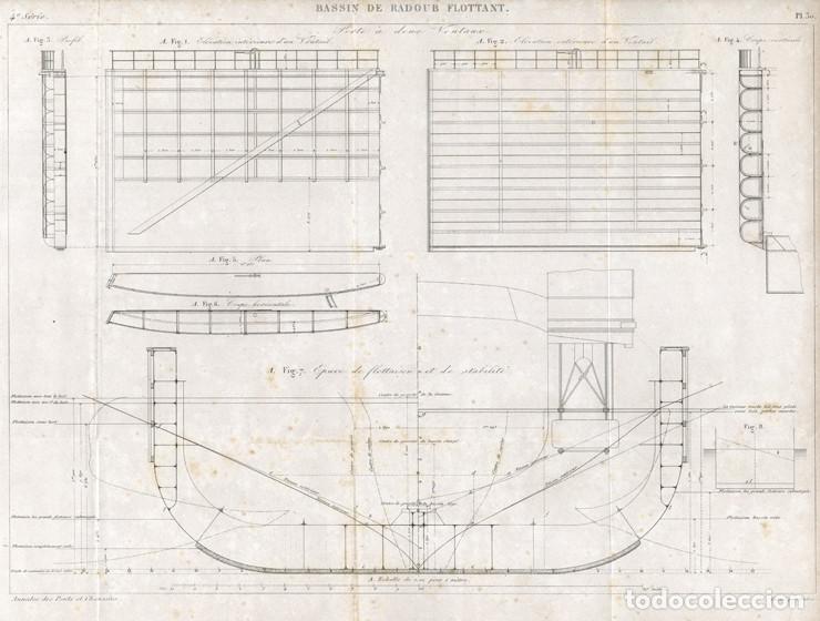 Arte: GRABADO INGENIER&Iacute;A CIVIL DE 1862, DETALLES DE FLOTACI&Oacute;N DE UN DIQUE SECO O MUELLE FLOTANTE, INFOLIO