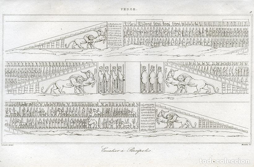 Arte: GRABADO AL ACERO DE 1841, BAJORRELIEVES ESCALERA PALACIO PERS&Eacute;POLIS, ANTIGUA PERSIA, IR&Aacute;N, LEMA&Icirc;TRE