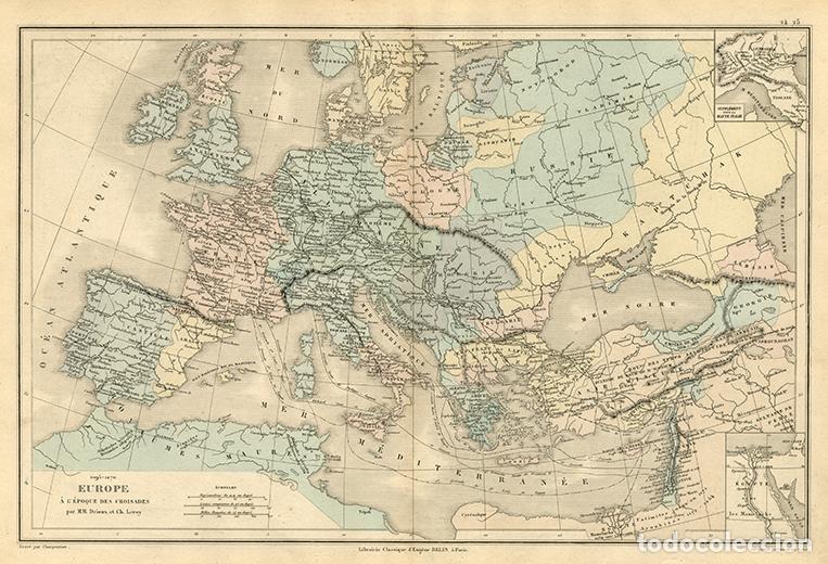 Arte: MAPA DE EUROPA EN LA &Eacute;POCA DE LAS CRUZADAS (1095-1270), LITOGRAF&Iacute;A DE 1865 DE DRIOUX & LEROY