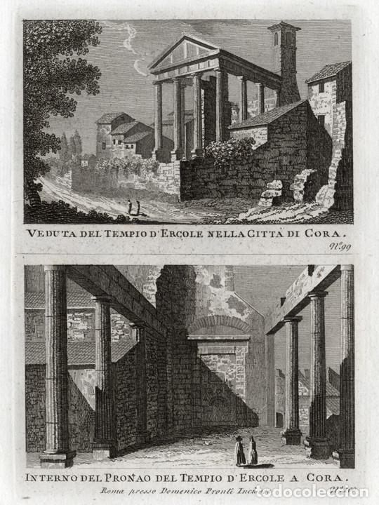 Arte: GRABADO A BURIL DE 1795, DOS VISTAS DE ROMA, DOMENICO PRONTI. TEMPLO DE H&Eacute;RCULES EN CORI A MONTE