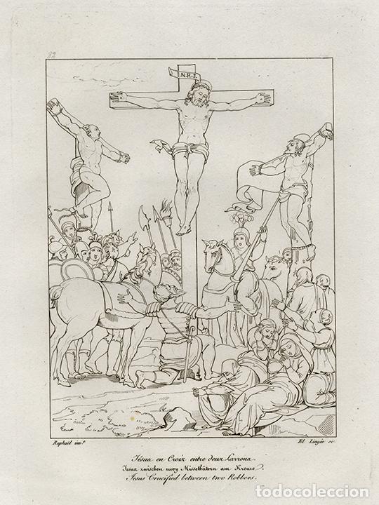 Arte: GRABADO L&Iacute;NEA COBRE DE 1819, CRUCIFIXI&Oacute;N DE CRISTO ENTRE LADRONES, DE RAFAEL SANZIO, GRAV&Oacute; E. LING&Eacute;E