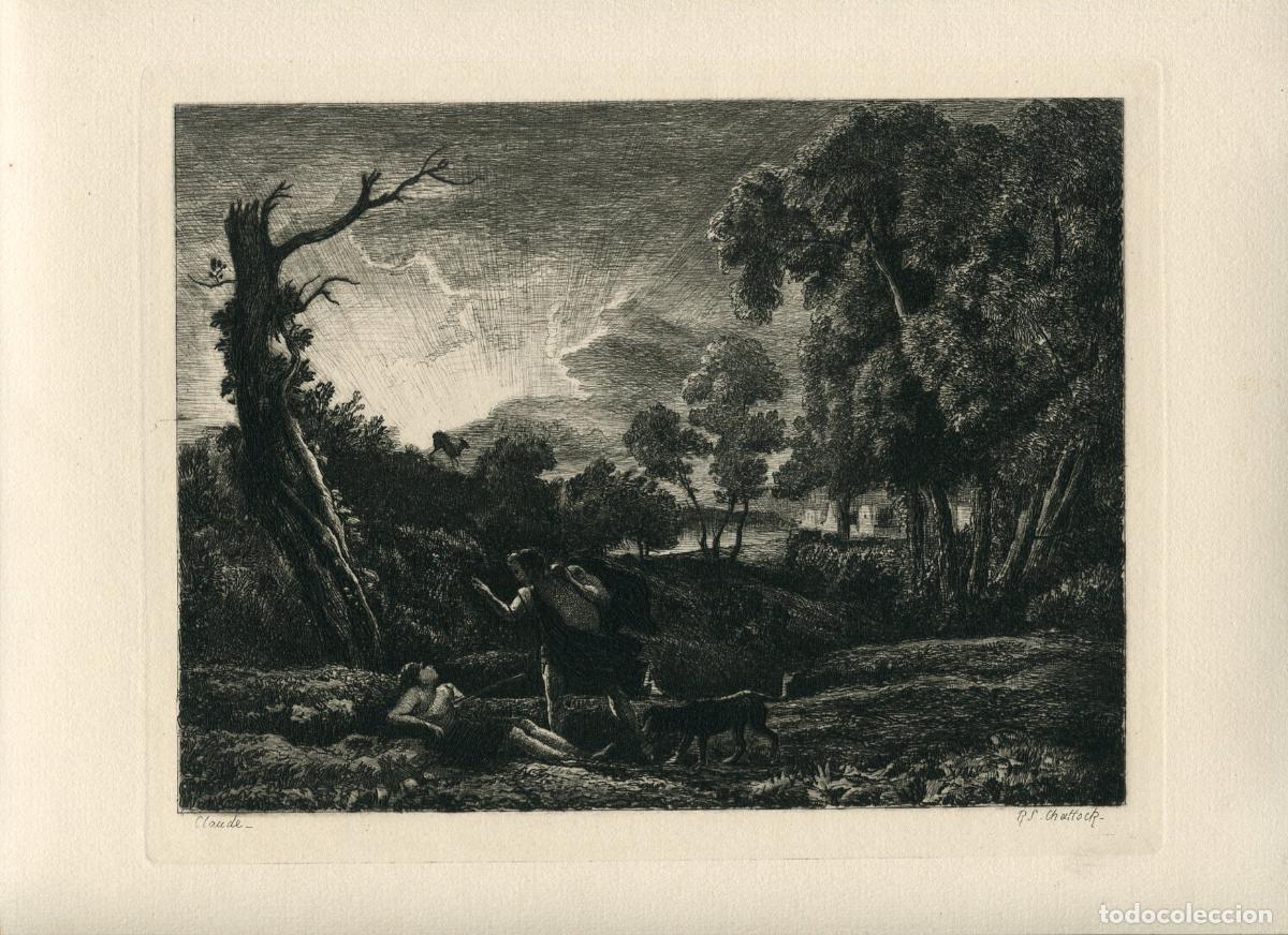 Arte: C&eacute;falo y Procris, seg&uacute;n Claude Lorrain - Aguafuerte de R.S. Chattock