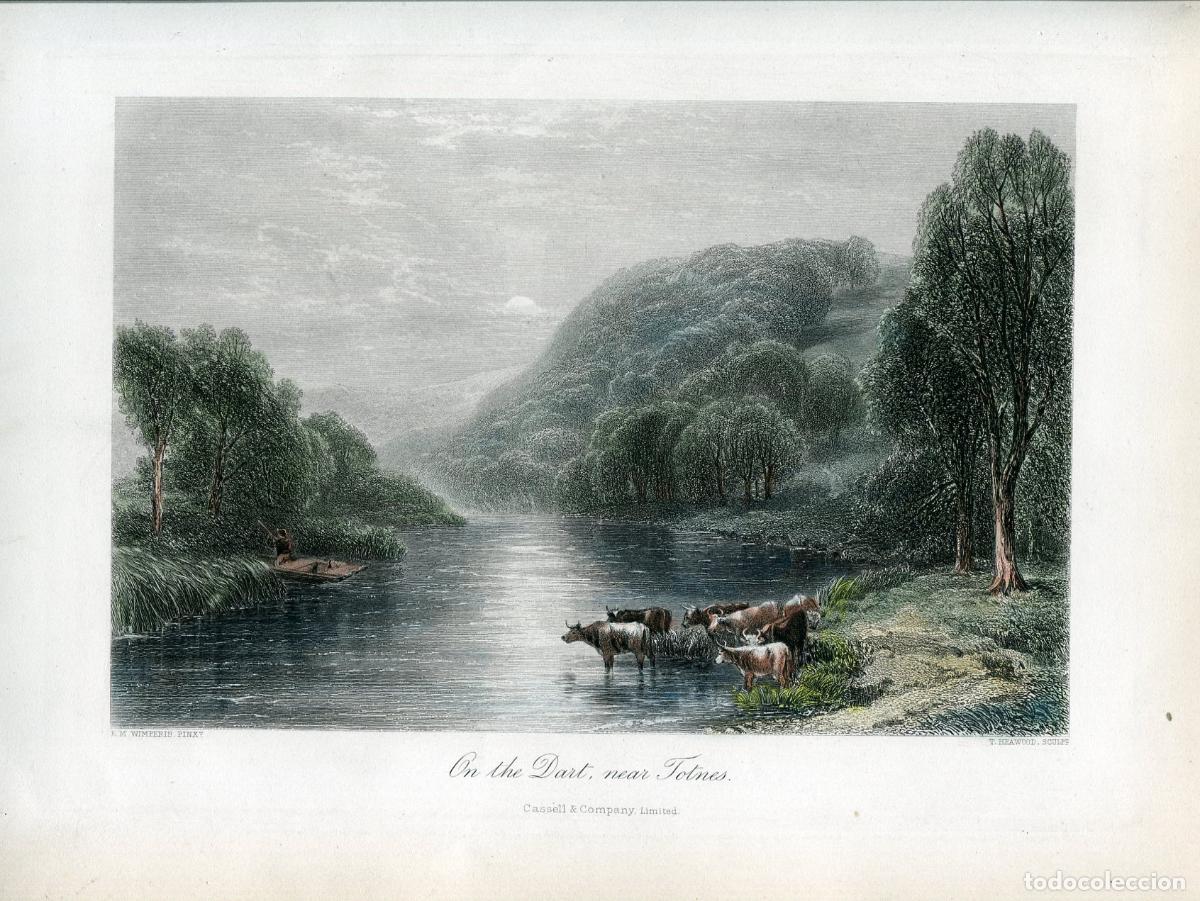 Arte: R&iacute;o Dart cerca de Totnes, Devon - Grabado original coloreado a mano