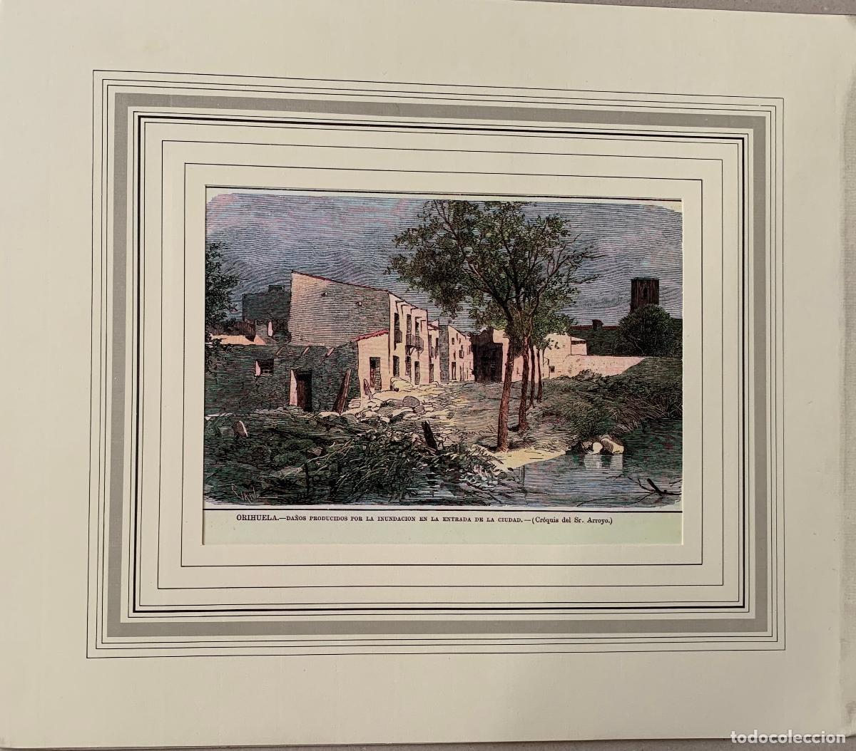 Arte: Orihuela, da&ntilde;os de la inundaci&oacute;n - Grabado coloreado, Ilustraci&oacute;n Espa&ntilde;ola 1879