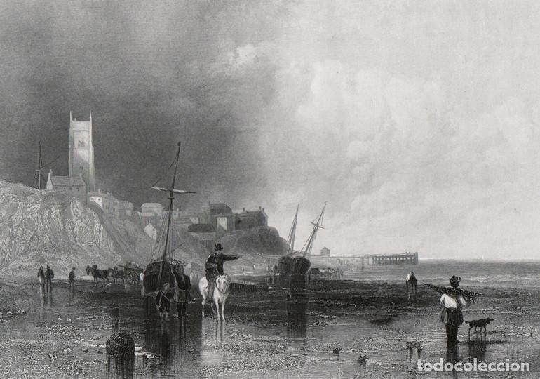 Arte: GRABADO AL ACERO DE 1873, VISTA DEL PUERTO DE CROMER, NORFOLK, INGLATERRA, MAR DEL NORTE, CRESWICK