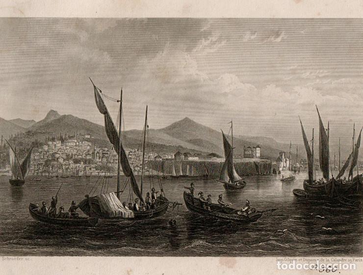 Arte: GRABADO AL ACERO DE 1858, VISTA DE TREBISONDA, TURQU&Iacute;A, TRABZON, MAR NEGRO. GRAV&Oacute; J. SCHROEDER
