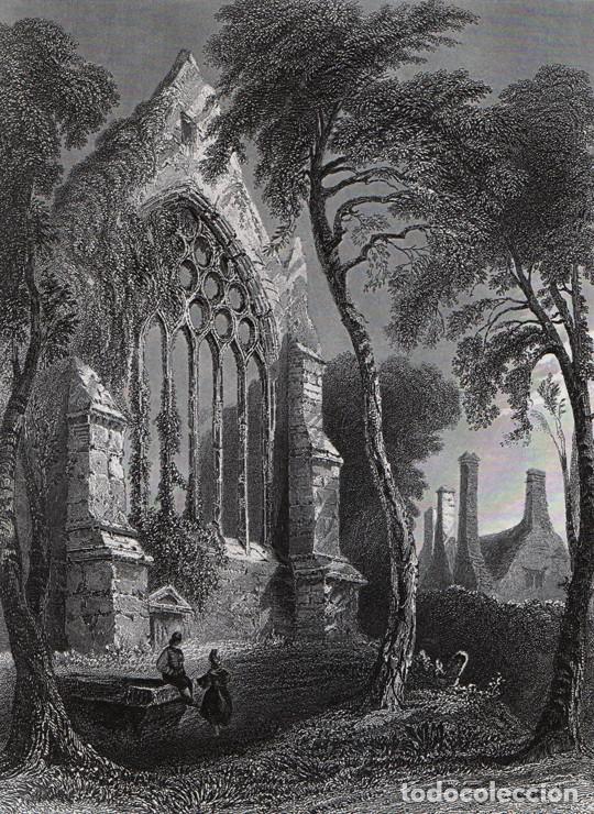 Arte: GRABADO AL ACERO DE 1873, RUINAS DE LA ABAD&Iacute;A DE YOUGHAL, CORK, IRLANDA, NORTH ABBEY, DOMINICOS