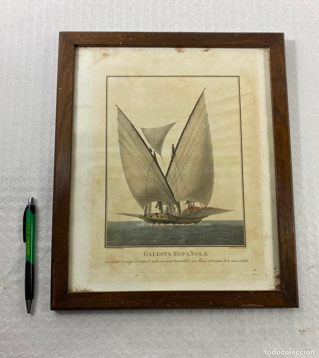Art: Grabado coloreado antiguo del Siglo XIX Galeota Espa&ntilde;ola en marco acristalado Dibujo de Don Agust&iacute;n
