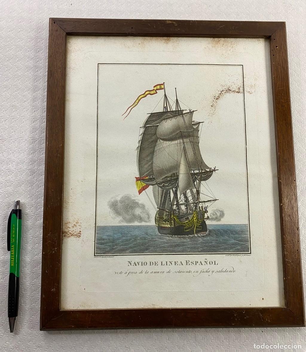 Arte: Grabado coloreado antiguo del Siglo XIX NAVIO DE LINEA ESPA&Ntilde;OL en marco acristalado Dibujo de Don Ag
