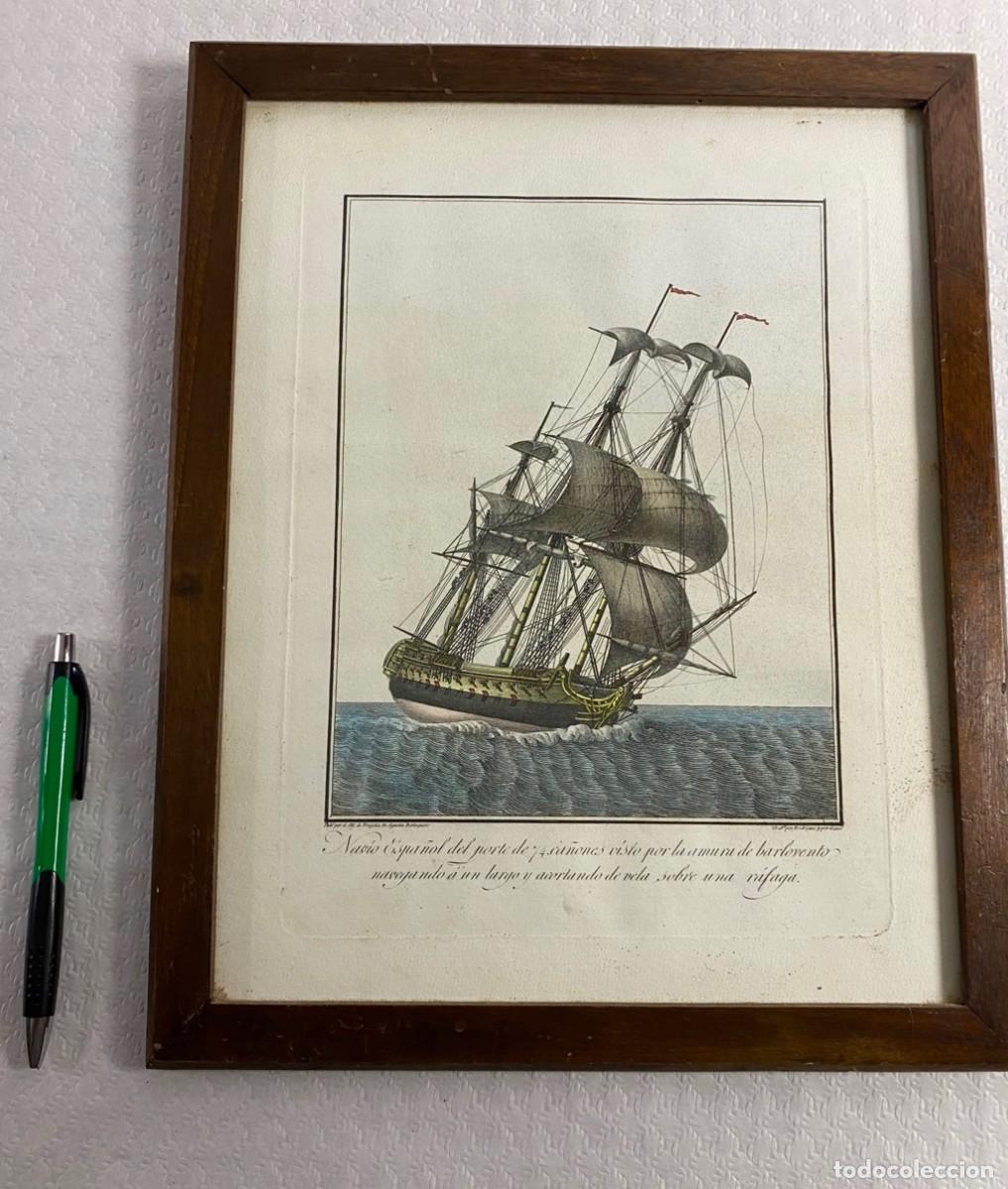 Arte: Grabado coloreado antiguo del Siglo XIX NAVIO ESPA&Ntilde;OL DEL PORTE DE 74 CA&Ntilde;ONES en marco acristalado D
