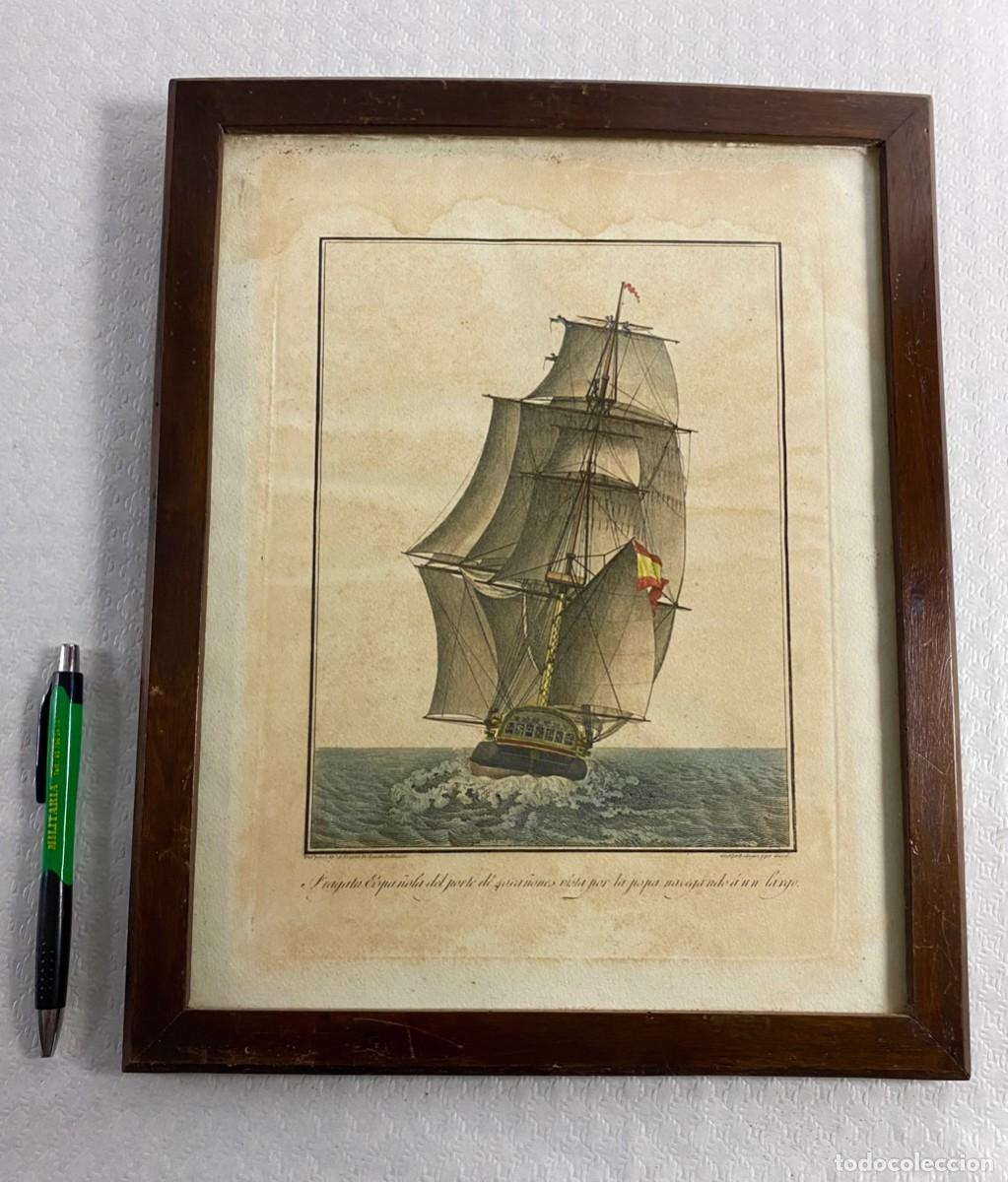 Arte: Grabado coloreado antiguo del Siglo XIX FRAGATA ESPA&Ntilde;OLA DEL PORTE DE 40 CA&Ntilde;ONES en marco acristalad