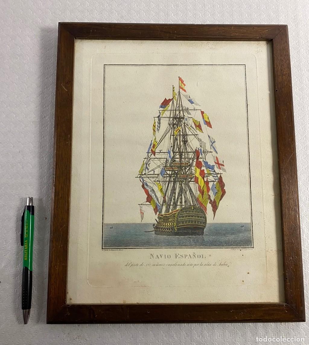 Arte: Grabado coloreado antiguo del Siglo XIX NAVIO ESPA&Ntilde;OL DEL PORTE DE 112 CA&Ntilde;ONES