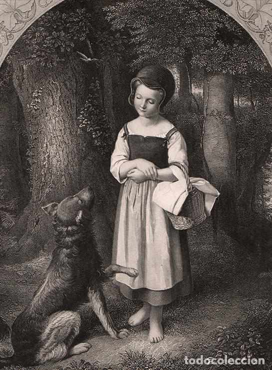 Arte: GRABADO AL ACERO DE 1849, CAPERUCITA ROJA, DE EDUARD STEINBR&Uuml;CK. GRAB&Oacute; A. H. PAYNE, BOOK OF ART