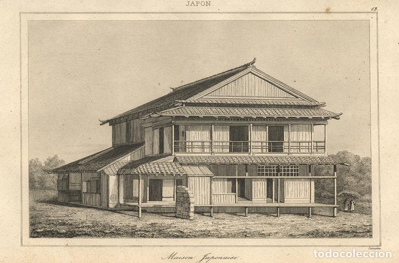 Arte: GRABADO AL ACERO DE 1850, VIVIENDA TRADICIONAL JAPONESA DEL PERIODO EDO, ANTIGUO JAP&Oacute;N, DE LEMA&Icirc;TRE