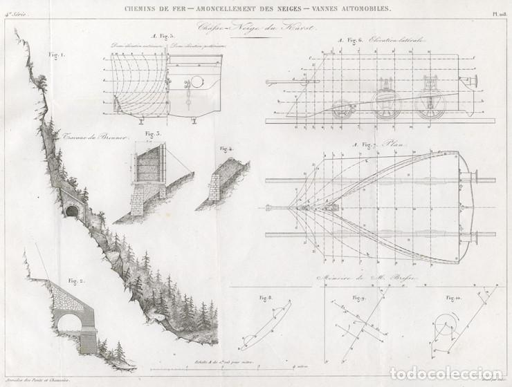 Arte: GRABADO DE INGENIER&Iacute;A CIVIL DE 1865, QUITANIEVES DEL CARSO, NIEVE EN V&Iacute;AS F&Eacute;RREAS, ALPES JULIANOS