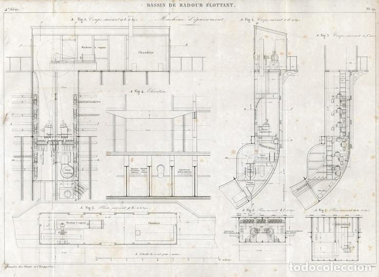 Arte: GRABADO DE INGENIER&Iacute;A CIVIL DE 1862, SISTEMA DE BOMBAS DE UN DIQUE SECO O MUELLE FLOTANTE, INFOLIO