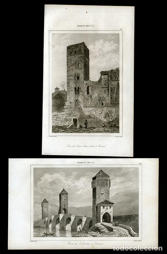 Kunst: 2 GRABADOS AL ACERO DE 1942, VISTAS DE CAHORS, OCCITANIA, PUENTE VALENTR&Eacute;, FRANCIA, DE LEMA&Icirc;TRE