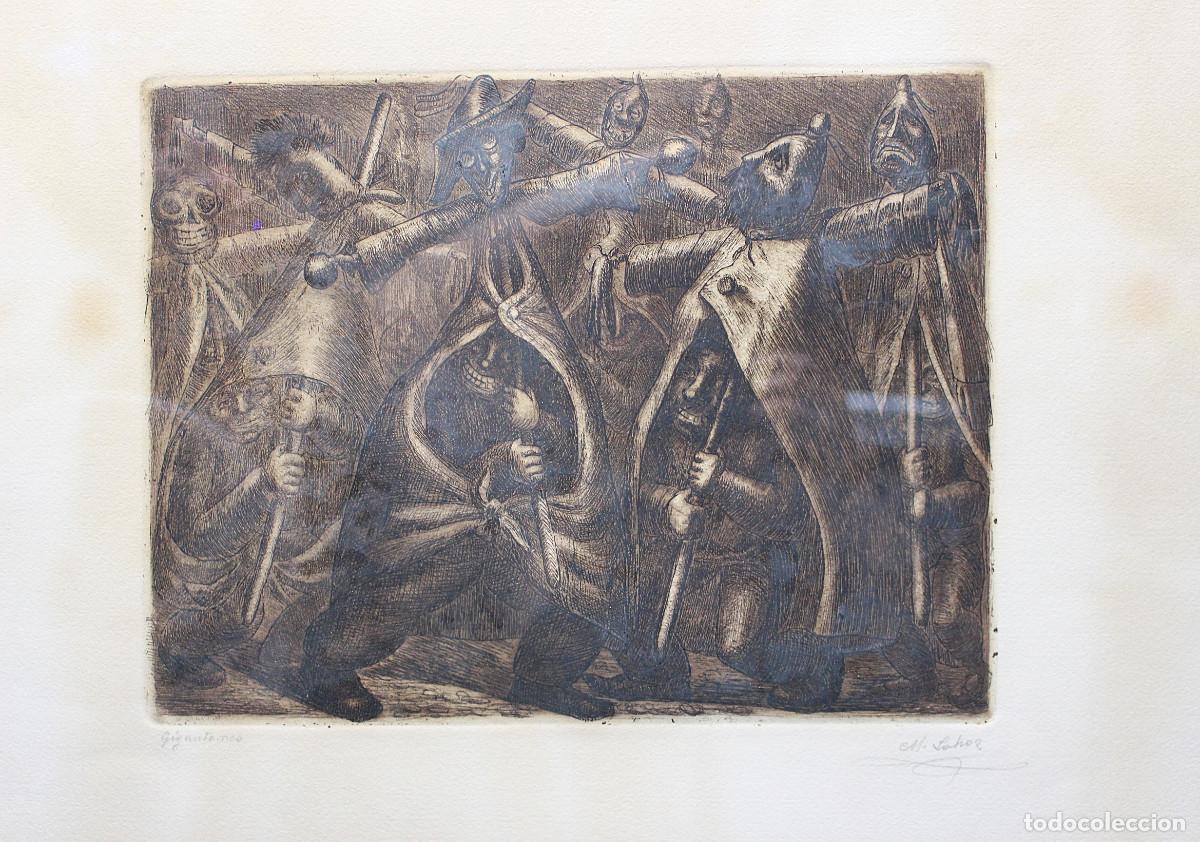 Arte: Gigantones. Grabado, aguafuerte firmado de Manuel Lahoz Valle (Oliete, 1942 &ndash; Zaragoza, 2000).