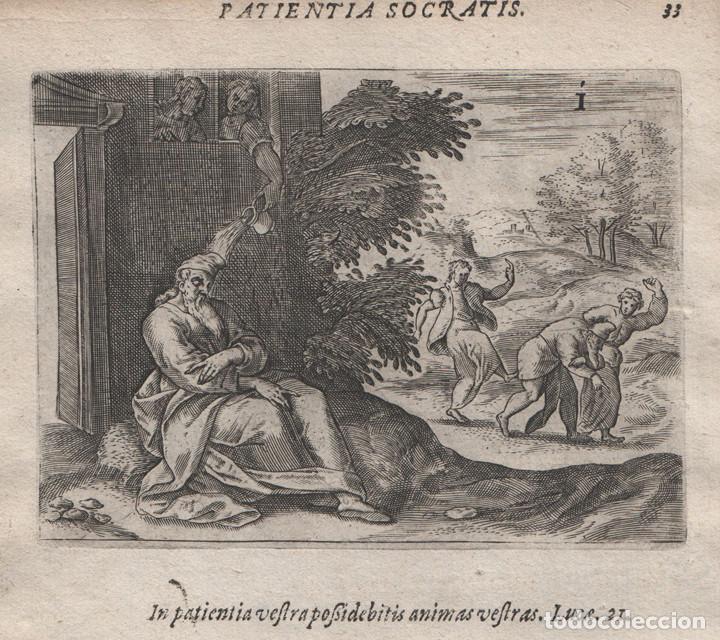 Art: EMBLEMA s.XVII, 1609, GRABADO COBRE, MIKROKOSMOS PARVUS MUNDUS, GERARD DE JODE, PACIENCIA S&Oacute;CRATES