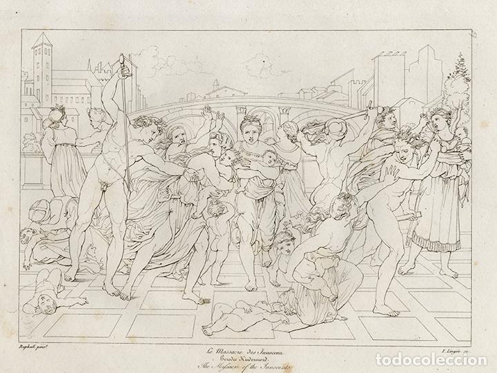 Arte: GRABADO L&Iacute;NEA COBRE DE 1819, LA MASACRE DE LOS INOCENTES, DE RAFAEL SANZIO, GRAV&Oacute; E. LING&Eacute;E, BOWYER