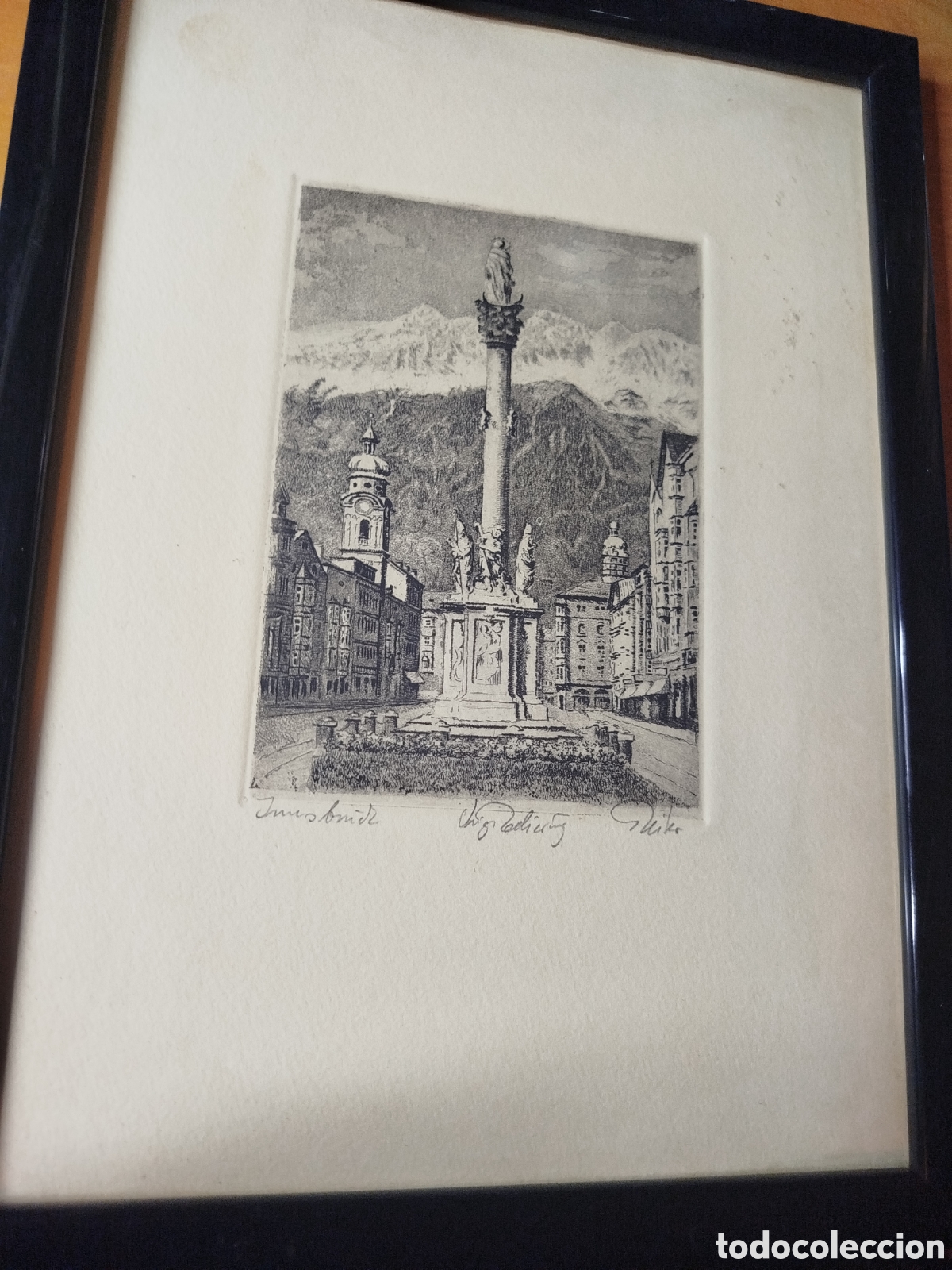 Arte: Precioso grabado calcogr&aacute;fico (aguafuerte original) de la ciudad de Innsbruck (Austria) firmado Mika