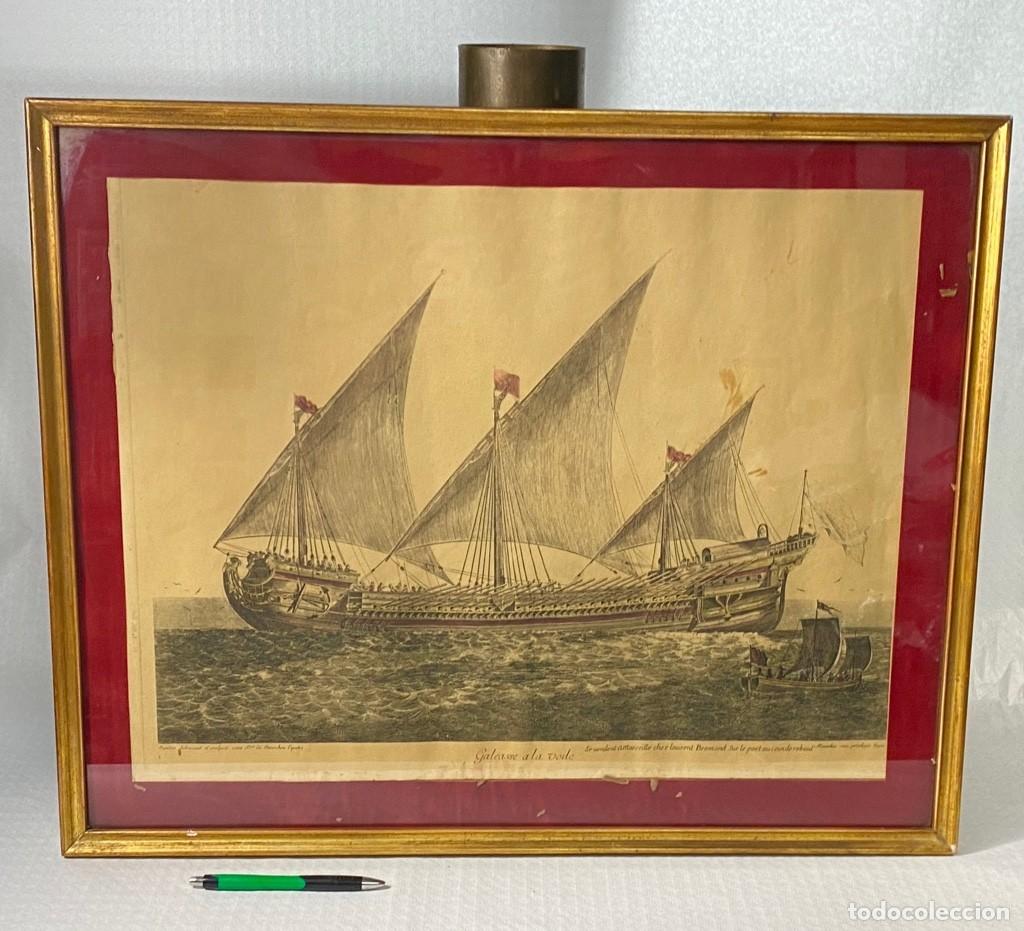 Arte: Grabado antiguo siglo XVIII GALEASSE A LA VOILE en marco acristalado
