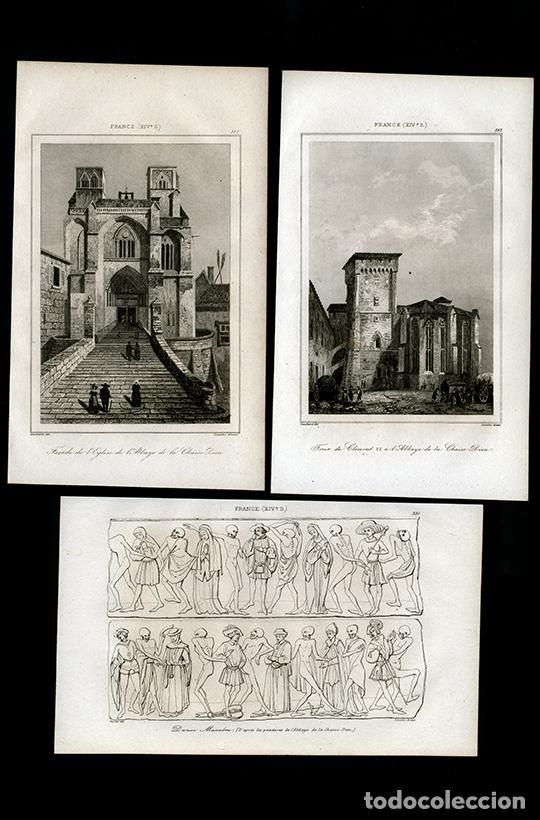 Arte: 3 GRABADOS AL ACERO DE 1842 DE LEMA&Icirc;TRE, VISTAS ABAD&Iacute;A G&Oacute;TICA CHAISE-DIEU & DANZA MUERTE, AUVERNIA