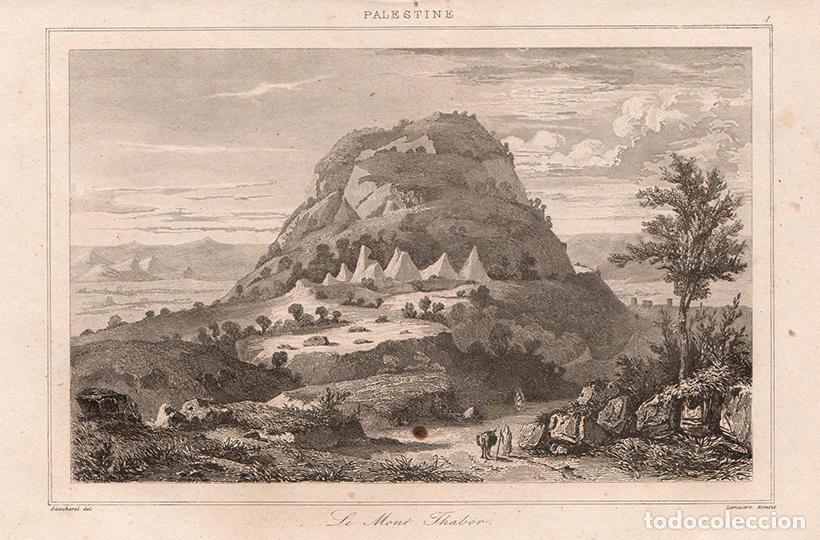 Arte: GRABADO AL ACERO DE 1845, VISTA DEL MONTE TABOR, GALILEA, ANTIGUA PALESTINA, DE LEMA&Icirc;TRE