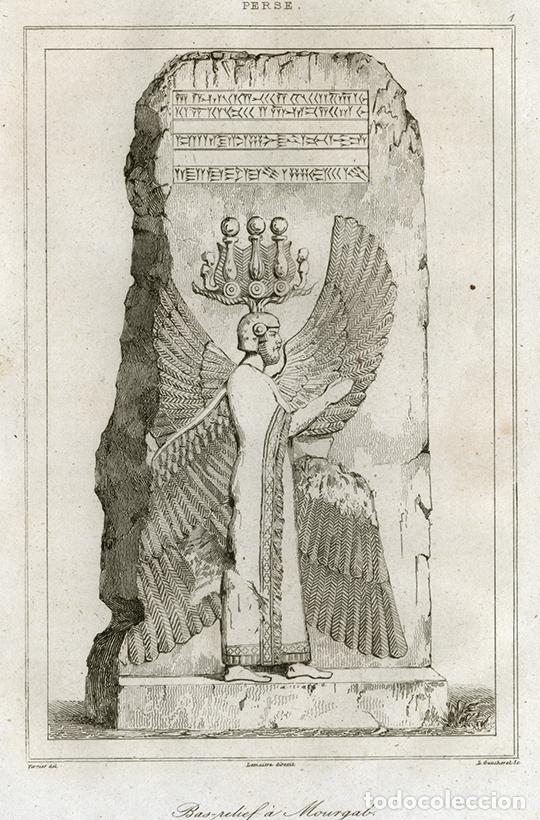 Arte: GRABADO AL ACERO DE 1841, BAJORRELIEVE DE CIRO EL GRANDE, ANTIGUA PERSIA, IR&Aacute;N, AQUEM&Eacute;NIDA, LEMA&Icirc;TRE
