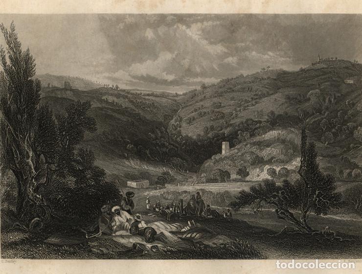 Arte: GRABADO AL ACERO DE c. 1850, VISTA DEL MONTE DE LOS OLIVOS, VALLE DE CEDR&Oacute;N, JERUSAL&Eacute;N, PALESTINA
