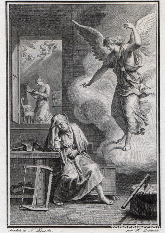 Kunst: GRABADO A BURIL DE 1804, UN &Aacute;NGEL SE APARECE A JOS&Eacute;, DE NICOLAS POUSSIN, GRAB&Oacute; DELVAUX, EN 4&ordm;
