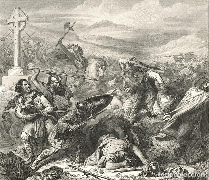 Arte: GRABADO AL ACERO DE 1868, CHARLES STEUBEN, BATALLA POITIERS 732, INFOLIO. MUSULMANES, CARLOS MARTEL