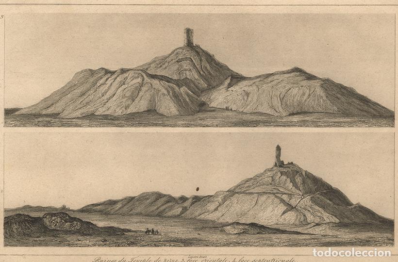 Arte: GRABADO AL ACERO DE 1852, 2 VISTAS DEL ZIGURAT ETEMENANKI, ANTIGUA MESOPOTAMIA, DE LEMA&Icirc;TRE