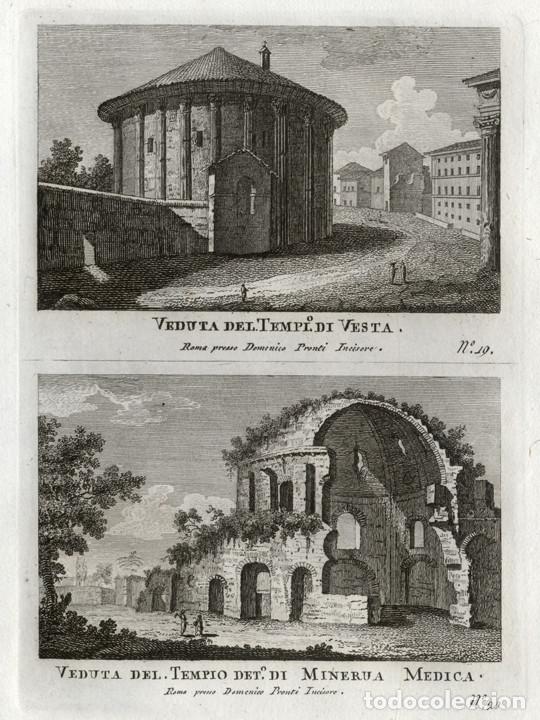 Arte: GRABADO A BURIL DE 1795, DOS VISTAS DE ROMA, DOMENICO PRONTI. TEMPLO DE VESTA Y DE MINERVA M&Eacute;DICA