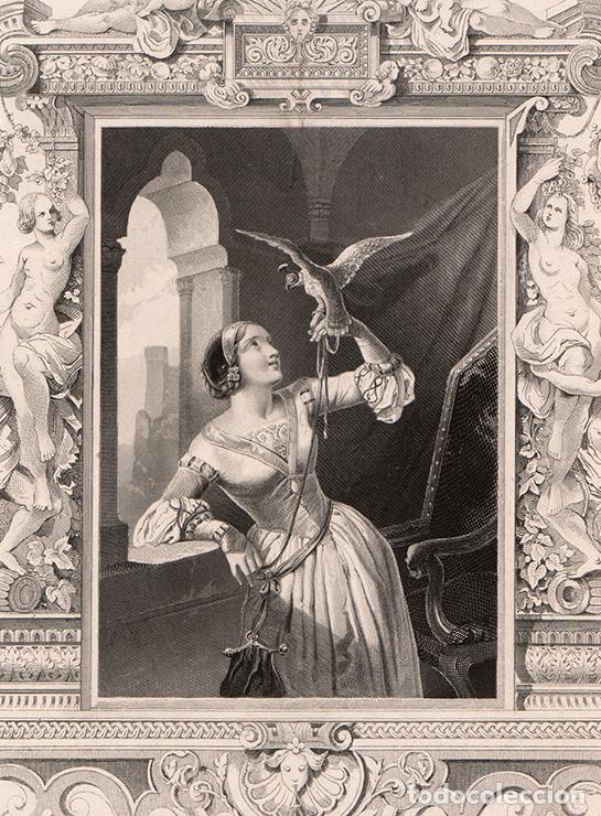 Art: GRABADO AL ACERO DE 1849, DAMA CETRERA, DE PERLBERG. GRAB&Oacute; A. H. PAYNE, BOOK OF ART (FRONTISPICIO)