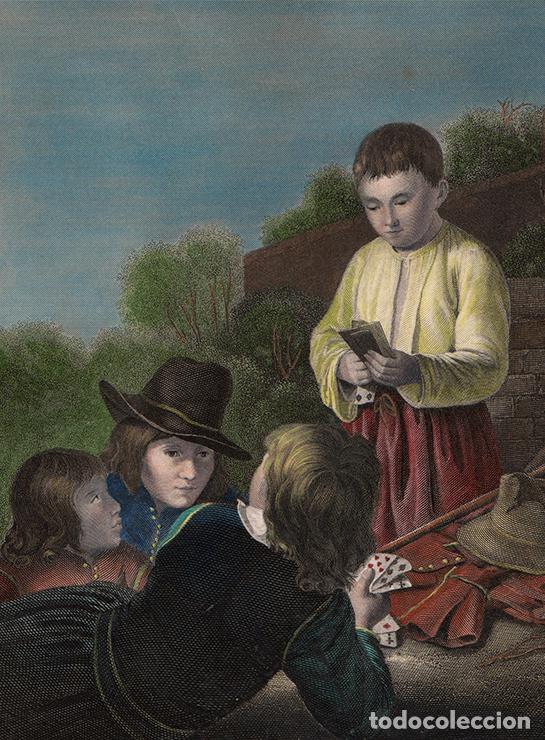 Kunst: GRABADO AL ACERO DE 1849, COLOREADO: NI&Ntilde;OS JUGANDO A CARTAS, DE MURILLO. GRAB&Oacute; MERKEL. A. H. PAYNE