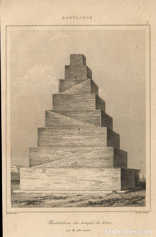 Arte: GRABADO AL ACERO DE 1852, RECONSTRUCCI&Oacute;N IDEALIZADA DEL ZIGURAT ETEMENANKI, MESOPOTAMIA, DE LEMA&Icirc;TRE