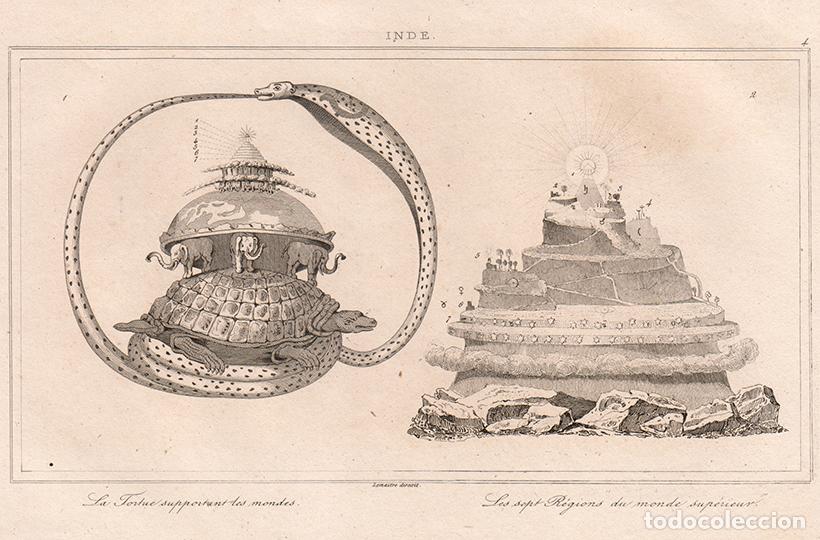 Art: GRABADO AL ACERO 1845, COSMOLOG&Iacute;A HIND&Uacute; (TORTUGA C&Oacute;SMICA, 7 REGIONES SUPERIORES), LA INDIA, LEMA&Icirc;TRE
