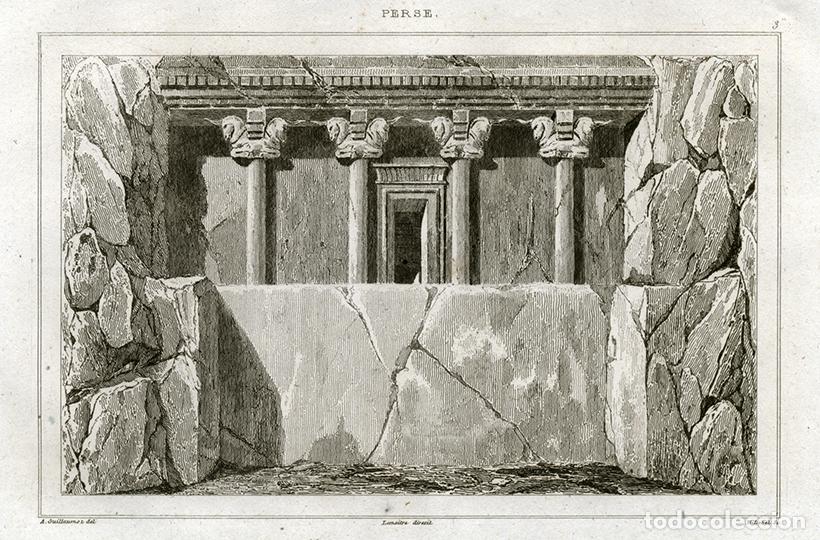 Arte: GRABADO AL ACERO DE 1841, ENTRADA DE UNA NECR&Oacute;POLIS EN PERS&Eacute;POLIS, ANTIGUA PERSIA, IR&Aacute;N, DE LEMA&Icirc;TRE
