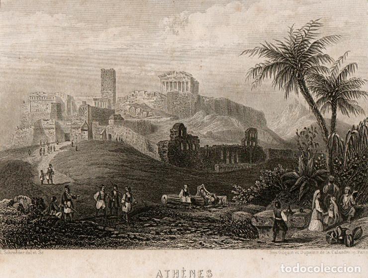 Arte: GRABADO AL ACERO DE 1858, VISTA DE LA ACR&Oacute;POLIS DE ATENAS, GRECIA, PARTEN&Oacute;N. GRAV&Oacute; J. SCHROEDER