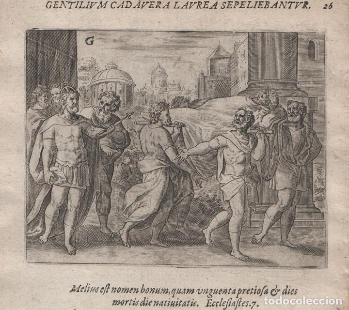 Arte: EMBLEMA s.XVII, 1609, GRABADO COBRE, MIKROKOSMOS PARVUS MUNDUS #26, GERARD DE JODE, ENTIERRO ROMANO