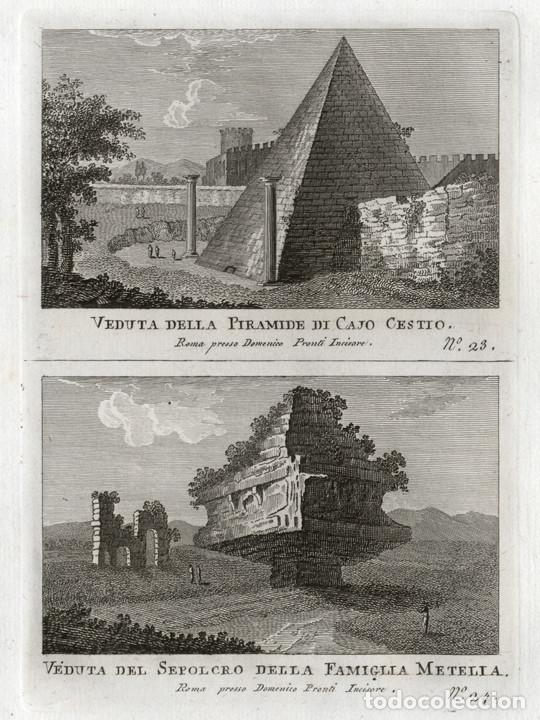 Arte: GRABADO A BURIL 1795, 2 VISTAS DE ROMA, DOMENICO PRONTI. PIR&Aacute;MIDE CESTIA, TUMBA DE FAMILIA METELLA