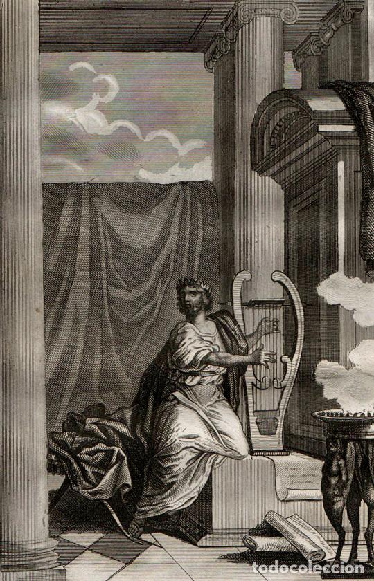 Arte: GRABADO AL ACERO DE 1836, BIBLIA VULGATA MAESTRO DE SACY. EL REY DAVID CANTA CON EL ARPA. DESJARDINS