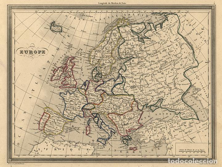 Arte: MAPA DE LA EUROPA POL&Iacute;TICA, DE 1845, POR VUILLEMIN. GRABADO AL ACERO, COLOREADO A MANO