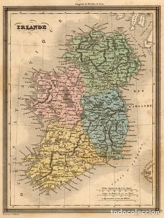 Arte: MAPA DE IRLANDA, DE 1850, POR VUILLEMIN. GRABADO AL ACERO, COLOREADO A MANO. REINO UNIDO
