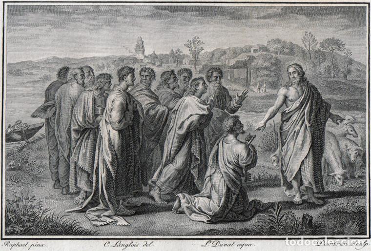 Arte: GRABADO A BURIL DE 1804, ENTREGA DE LAS LLAVES A SAN PEDRO, DE RAFAEL SANZIO, GRAV&Oacute; DAMBRUN, EN 4&ordm;