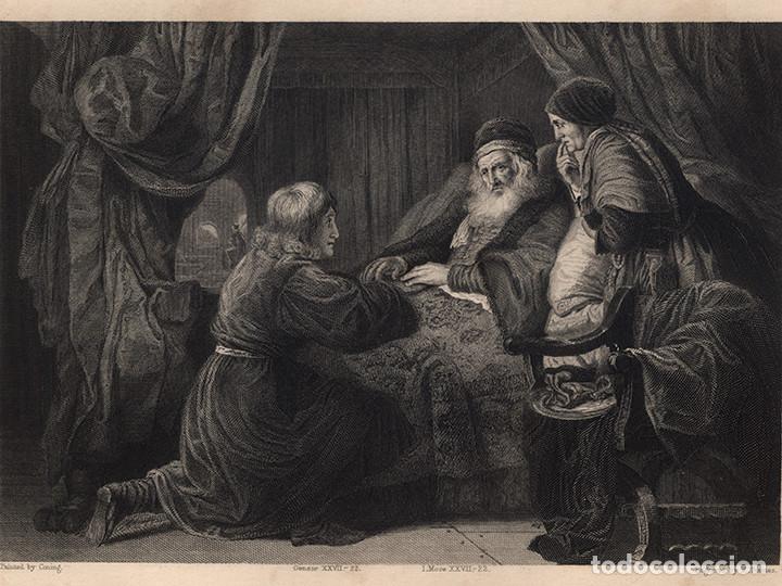 Arte: GRABADO AL ACERO DE 1843, JACOB BENDICIENDO A ISAAC, DE KONINCK, EN 4&ordm;, GRAB&Oacute; ROBERT STAINES. BIBLIA