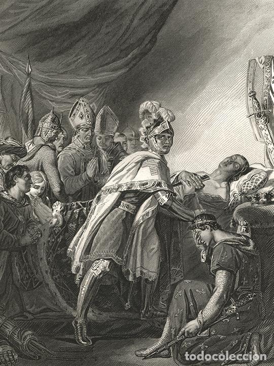Arte: GRABADO AL ACERO 1868, GEORGES ROUGET, MUERTE DEL REY SAN LUIS (LOUIS IX), INFOLIO. OCTAVA CRUZADA