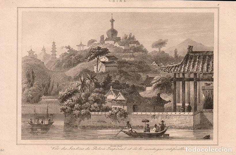 Arte: GRABADO AL ACERO DE 1853, JARDINES INTERIORES DE LA CIUDAD PROHIBIDA DE PEK&Iacute;N, CHINA, DE LEMA&Icirc;TRE