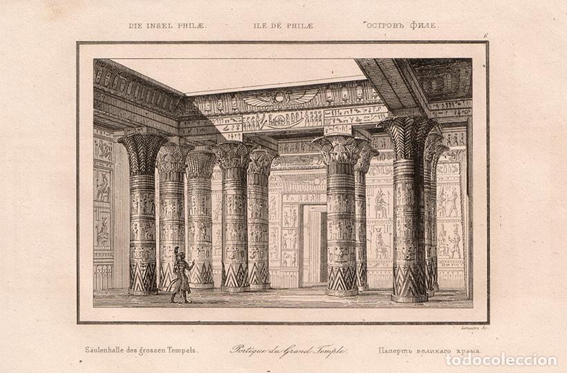 Arte: GRABADO AL ACERO DE 1839, SALA HIP&Oacute;STILA DEL TEMPLO DE ISIS, ISLA PHILAE (FIL&Eacute;), EGIPTO, DE LEMA&Icirc;TRE